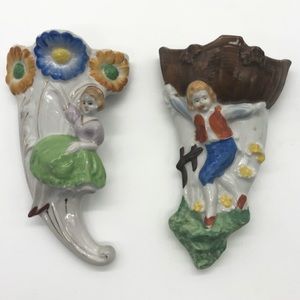 A-63- PAIR ANTIQUE CERAMIC WALL POCKETS - JAPAN - 7" LONG